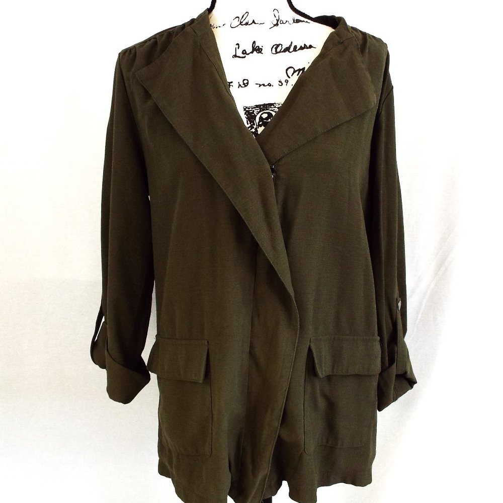 Nine West Roll Tab Long Sleeve Full Zip Casual Utility Khaki Green Jacket Sz XL